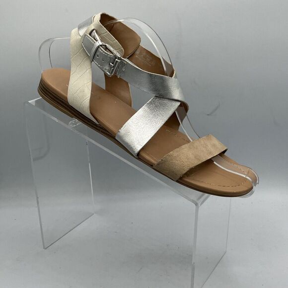 Franco Sarto Glorious Sandals Women’s 8 Tan Silver Leather Flat Strappy Metallic - Picture 1 of 8